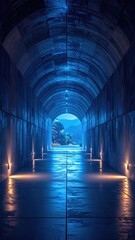 Dark tunnel, blue glow, light at end