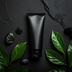 Black tube of product, surrounded by dark stones and leaves