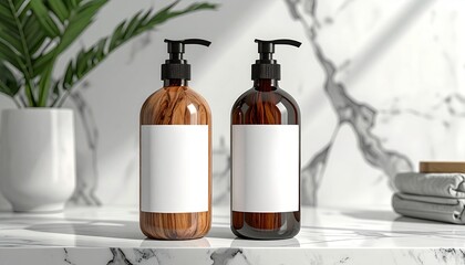 Two pump bottles, brown and amber glass, on a marble countertop,  with a blank label