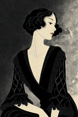 Woman in black vintage mourning dress performing theatrical grief