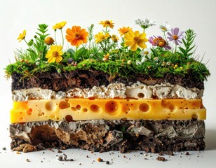 Layered cheese and flowers atop soil