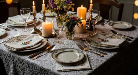 Elegant Candlelit Table Setting with Floral Accents and Vintage Charm
