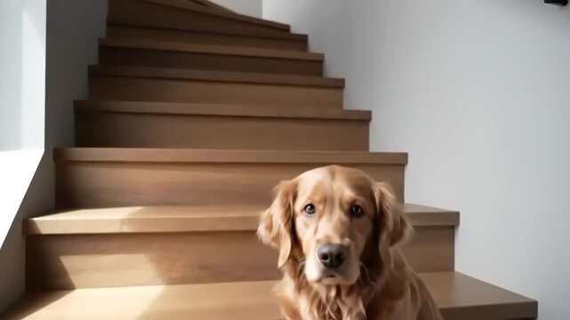 Heartbreaking moment captured a golden retriever's sad eyes on a wooden staircase evoke a sense of a crying dog awaiting its owner's return