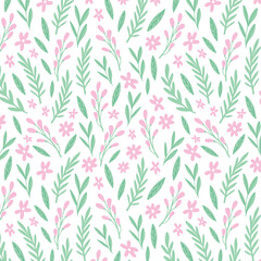 Doodled botany plants seamless repeat pattern. Random placed, various vector flowers, leaves, herbs, berries and branches illustration all over surface print on white background.
