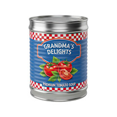 A can of tomato soup, silver metal, checkered design