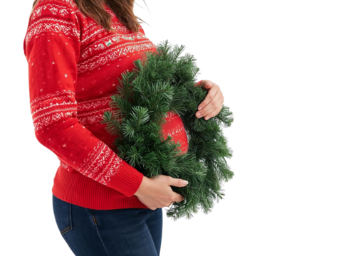Pregnant woman in Christmas sweater with wreath isolated on transparent or white background, png