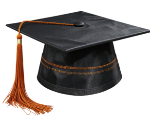 Black graduation cap with orange tassel