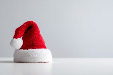A festive red and white holiday hat sits on a white surface in bright light.