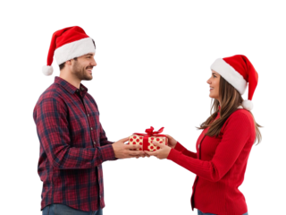 Man in Santa hat giving gift to woman in Santa hat isolated on transparent or white background, png