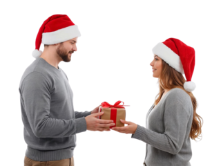 Woman in Santa hat giving gift to man in Santa hat isolated on transparent or white background, png