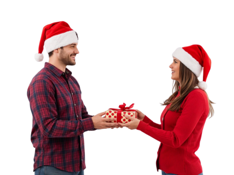 Man in Santa hat giving gift to woman in Santa hat isolated on transparent or white background, png
