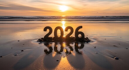 “Beach Sunrise 2026 Sandcastle – Happy New Year”