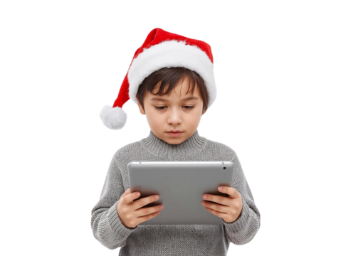 Child in Santa hat looking at tablet isolated on transparent or white background, png