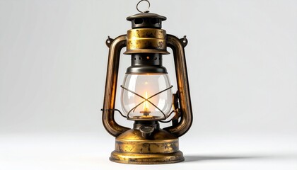 Lit vintage brass kerosene lantern with glass enclosure, showcasing antique lighting and craftsmanship.