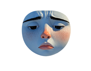 Close-up cartoon face, pale skin, sad expression