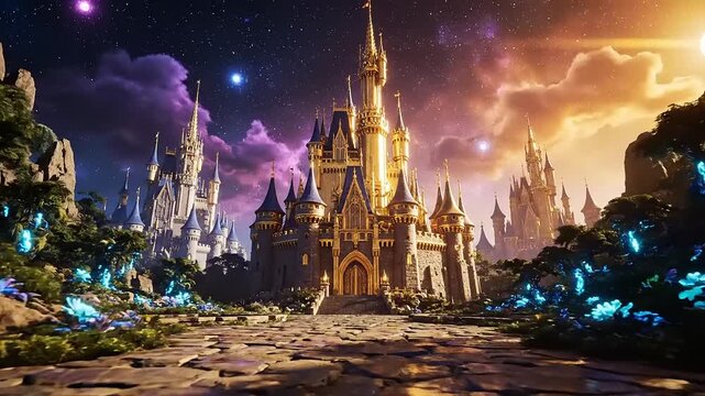 Captivating reveal from a rustic attic door opening to a breathtaking magical fantasy castle at twilight