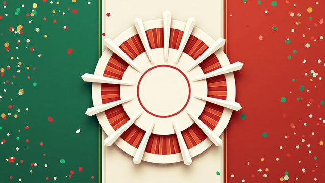 Abstract festive background in Mexican colors with circular geometric decoration and colorful confetti, for celebration themes - Powered by Adobe