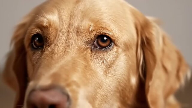 Emotional extreme close-up of a crying dog, a golden retriever with tearful, brown eyes expressing deep sadness and loneliness