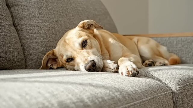 A lonely, sad, crying dog with a sorrowful expression lies on a comfortable sofa at home, feeling abandoned