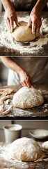 Obraz premium Baker kneading homemade dough on floured surface, preparing artisanal bread with hands, in cozy kitchen setting, close-up.