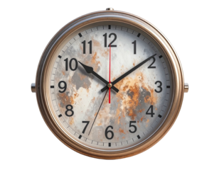 A round clock with a metallic copper-toned bezel and a distressed, earth-toned dial