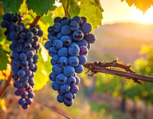 Clusters of ripe dark purple grapes hanging from vines at sunset