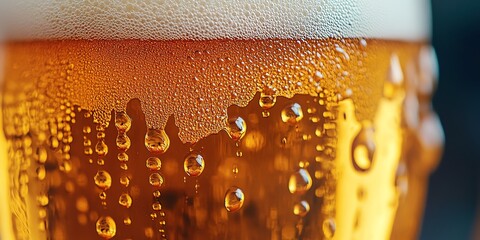 Close-up of a chilled beer glass with condensation, highlighting the refreshing golden liquid and frothy head.