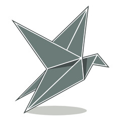 Graceful gray origami bird flying with subtle shadow suggesting movement and serenity