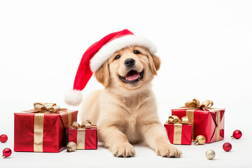 Smiling Golden Retriever Puppy Wearing Santa Hat with Christmas Gifts | Isolated on White Background
