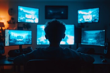 Silhouette of a Dedicated Worker Analyzing Data on Multiple Digital Screens in a Dark Workspace