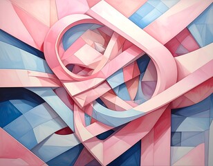 Abstract geometric painting in pastel pinks and blues