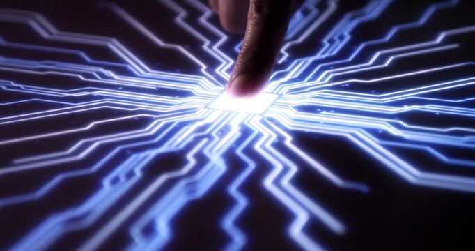 Close up finger touching illuminated glowing digital interface screen. Technoloy Related Footage.