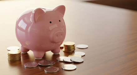 Pink piggy bank with coins on a wooden table.