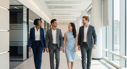 A group of four professionals from diverse ethnic backgrounds are walking confidently down a hallway in a corporate building. They are smiling and talking, conveying a sense of unity and shared purpos