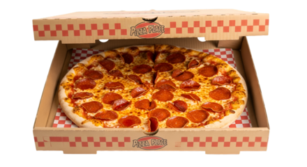 cardboard pizza box slightly open showing a pepperoni pizza inside, isolated on white.