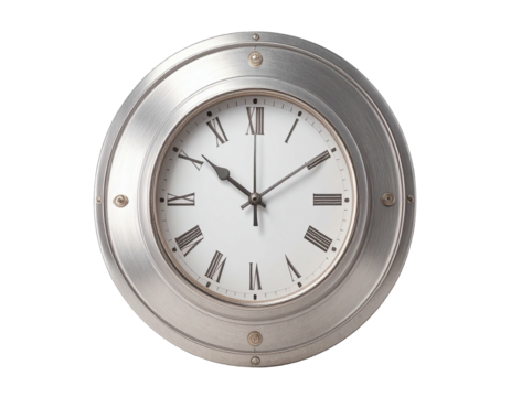 Round metal wall clock with Roman numerals