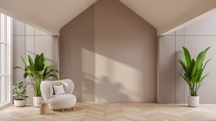 A Minimal Living Room with  cozy boucle armchair and and empty wall mockup. and indoor plant,3d render