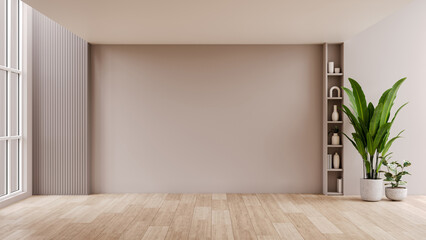 Empty room interior with a stylish armchair, natural light from a window, and a blank wall for mockup. Minimalist home background.3d render