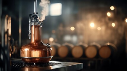 Copper distillery equipment with steam in a dimly lit setting, wooden barrels in the background, creating a vintage ambiance.