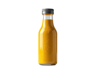 Clear glass bottle, narrow neck, filled with golden-yellow liquid condiment, silver cap