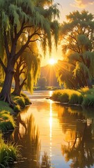 Sunrise over Calm River with Weeping Willows