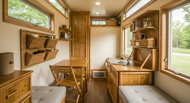 Tiny house interior with space-saving bamboo furniture &mdash; folding chairs, convertible desk, and hanging organizers.
