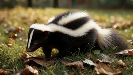 Fototapeta premium A skunk in a grassy area with fallen leaves