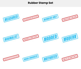 Rubber Stamp Set with Measured, Members Only, Modern on White Background