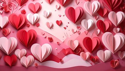 A vibrant, layered design of many paper hearts in various shades of pink and red