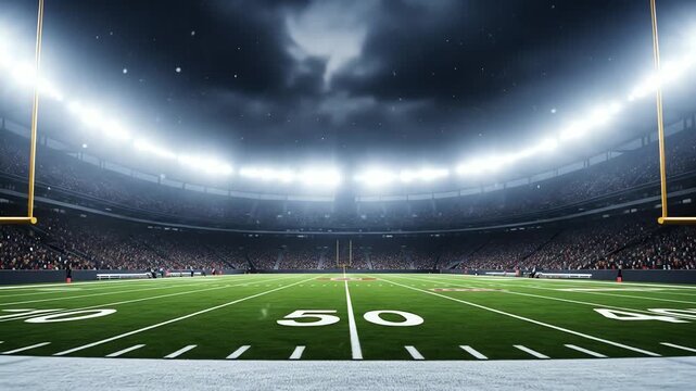 Night Football Stadium: Green Field, Bright Lights, and Crowded Stands