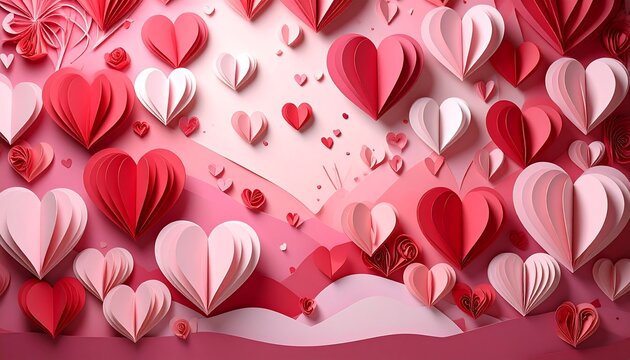 A vibrant, layered design of many paper hearts in various shades of pink and red