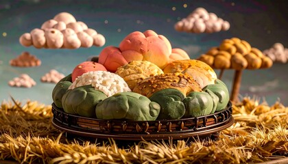 Colorful bread arrangement on a tray, stylized clouds and trees in background