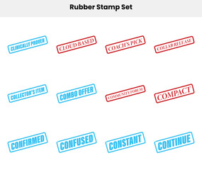 Rubber Stamp Set with Phrases on White Background, Clinically Proven & Cloud Based