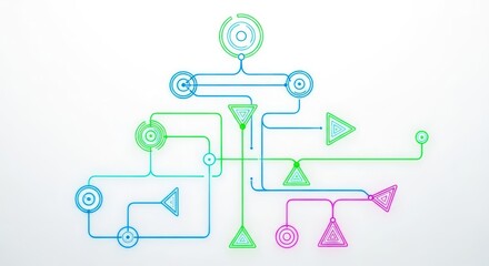 Flowchart design with interconnected shapes illustrating a complex digital network or system
